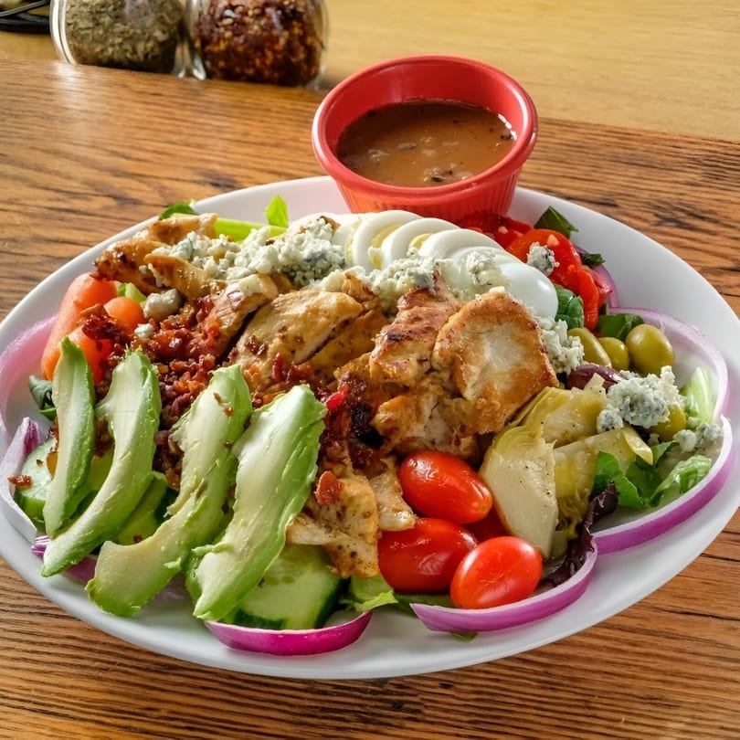 A vibrant Delicias Sobre Ruedas salad with grilled chicken, avocado, tomatoes, eggs, and blue cheese.