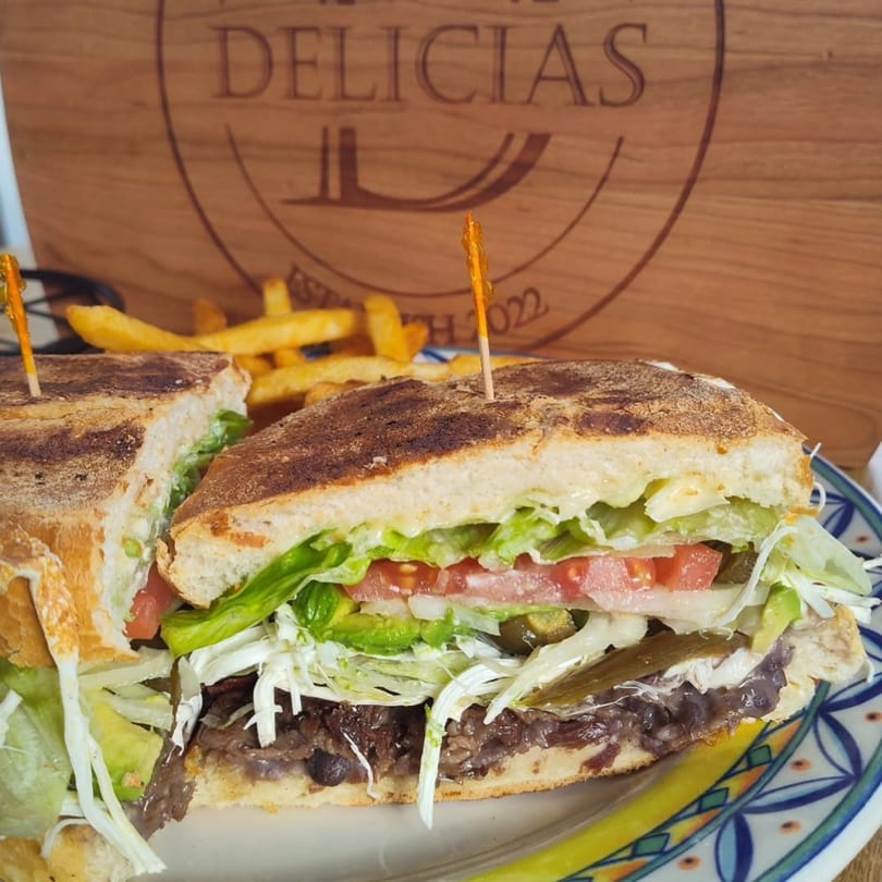 A large sandwich with lettuce, tomato, avocado, and dark meat, served with fries.
